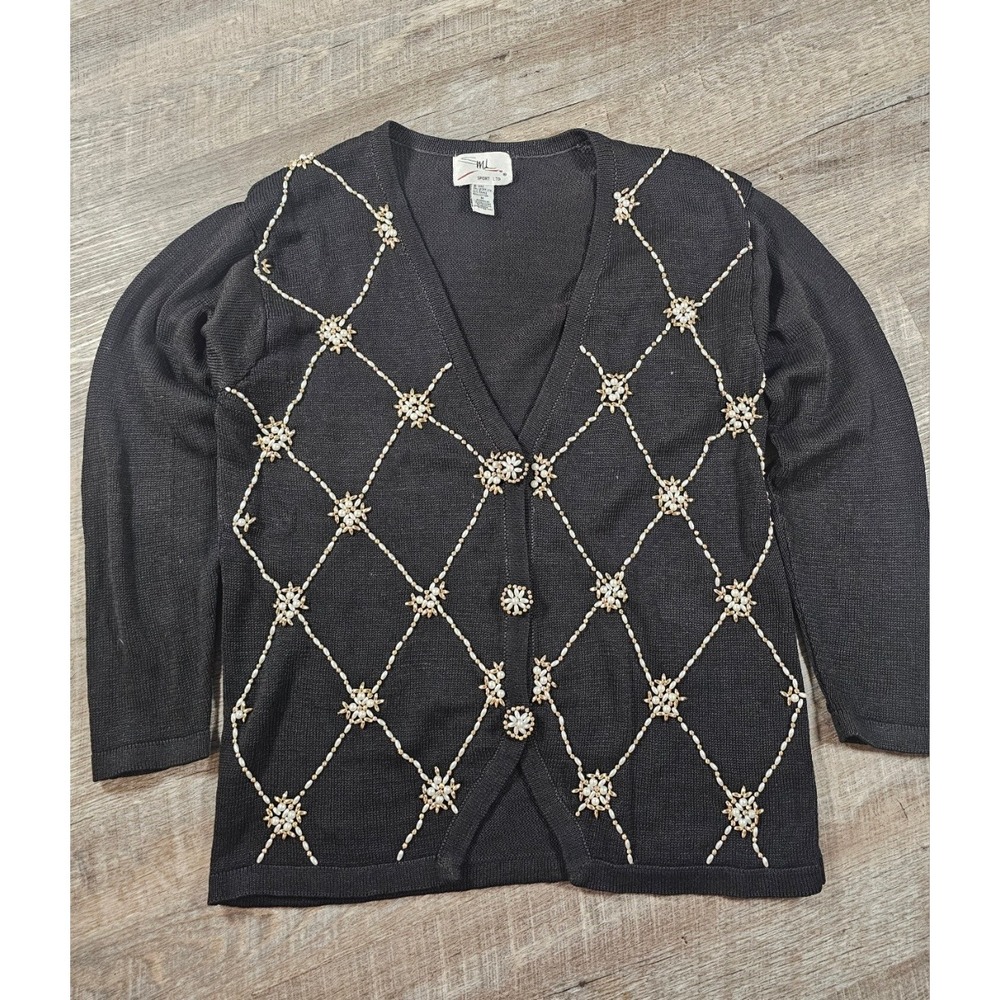 Vintage 90s Beaded Pearl Cardigan Sweater Gold Floral Cottagecore Grandma Chic M